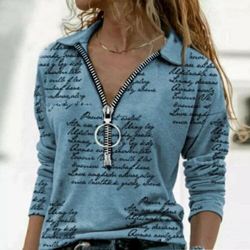Ladies T-shirt Letter Print Half-Zip V-Neck Long Sleeve Plus Size Tops Spring Autumn Women Casual Slim Ladies Street Blue Tops