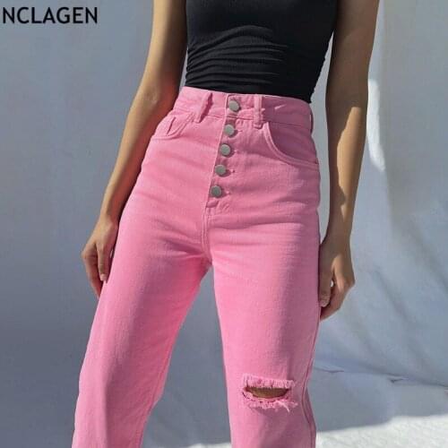 NCLAGEN Women Jeans Pants Ripped Cut Out High Waist Loose Casual Aesthetic Pink Denim Trousers 2021 Fashion Wide Leg Pants Capri