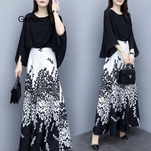 2 Piece Set Women Black Blouse Print Wide-leg Pants Suit Elegant Office Ladies Work Outfits Wide Leg Pant Suits 2020 New Fashion