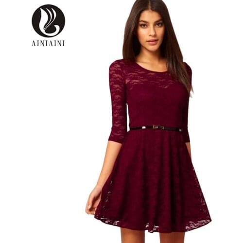 2017 Autumn Winter Fashion Round Neck Candy Color Seven Inch Sleeve Lace Dress Short Dress Hollow Out Roupa Feminina HA3