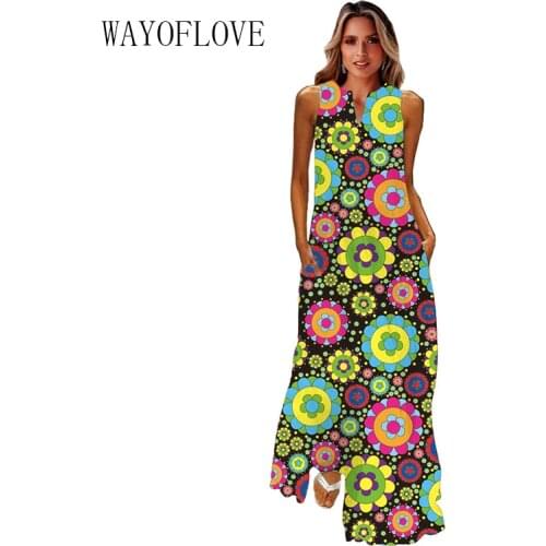 WAYOFLOVE Fashion Printed Maxi Dress 2021 Robe Casual Plus Size Elegant Long Dresses Summer Woman Sleeveless Beach Dress Women