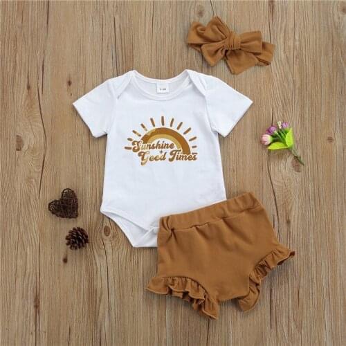 Three Piece Baby Girl’s Clothes Sweet Rainbow Letter Short Sleeve Romper and Short Pants with Headband Summer Outfits for 0-18M