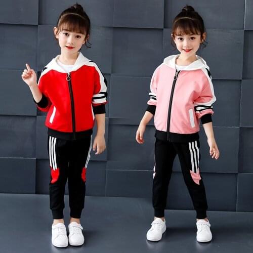 Kids Girls Sports Suit 2021 New Autumn Childrens Hooded Long-Sleeved Jacket + Trousers Two-Piece Casual Student Clothing Suit