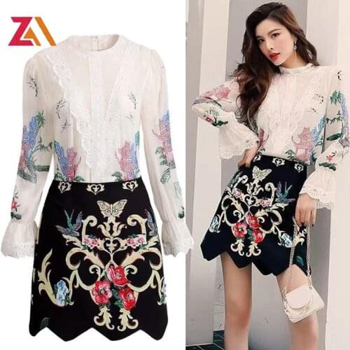 ZALady Designer Summer Autumn chic vintage blouses tops mini skirts flare long sleeve shirt skirt two piece sets suit women