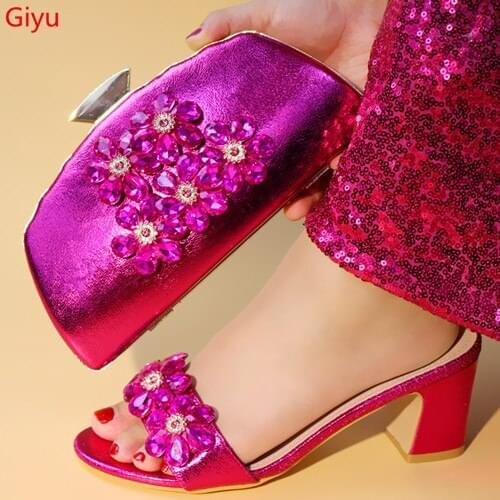Doershow African Shoes And Bag Matching Set With fuchsia Hot Selling Women Italian Shoes And Bag Set For Party Wedding HBE1-5