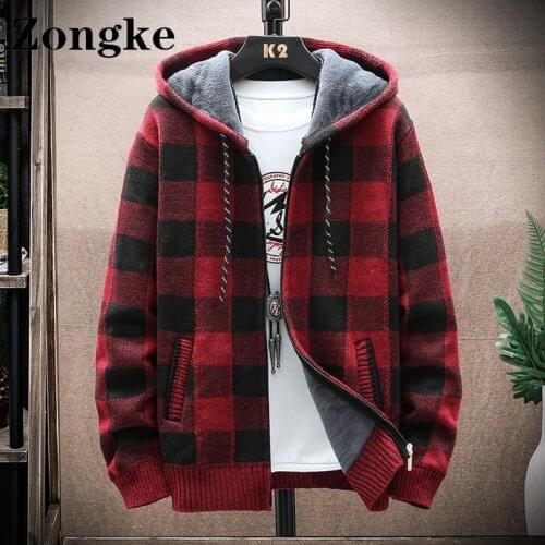Zongke Plaid Hooded Cardigan Men Clothing V Neck Sweater Men Cardigen Retro Clothes Hip Hop Knitwear 3XL 2021 Autumn Winter New