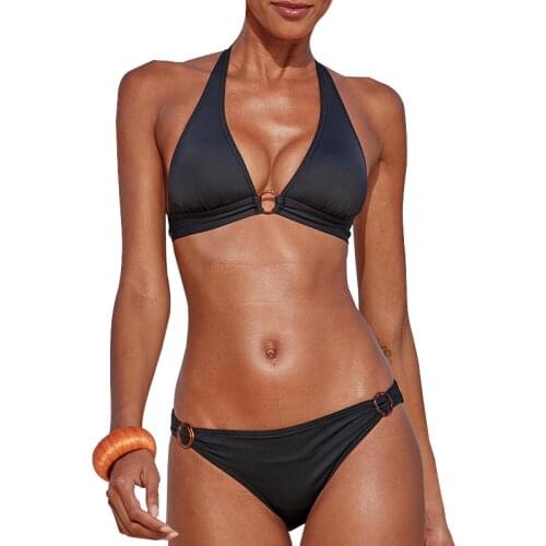 Solid Black Womens Bikini Swimsuit Ring Linked Push Up Two Piece Bathing Suit 2021 Halter Neck Swimwear Low Waist Beach Wear