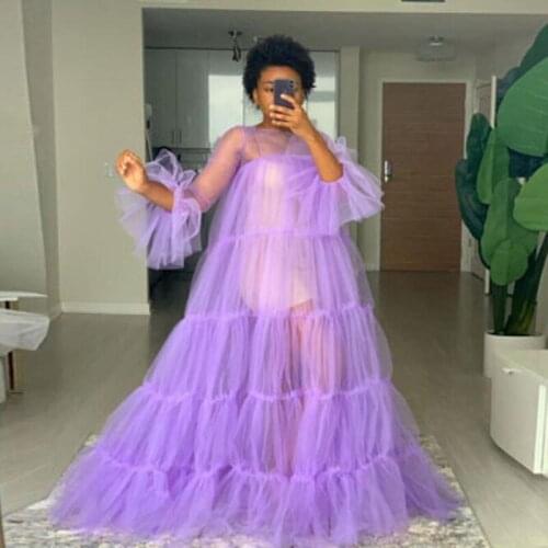Lush Prom Dresses vestido de fiesta Photography Shoot Ruffle Lilac Formal Prom Dresses Tulle Sheer Custom Robe De Soiree