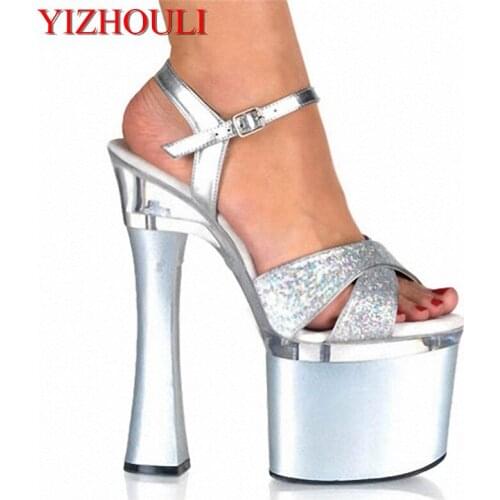 Sexy Sequined Fashion Supermodel Catwalk 18CM High Heels Shoes 7 inch womens Wedding Sandals Night club Performance Star Shoes