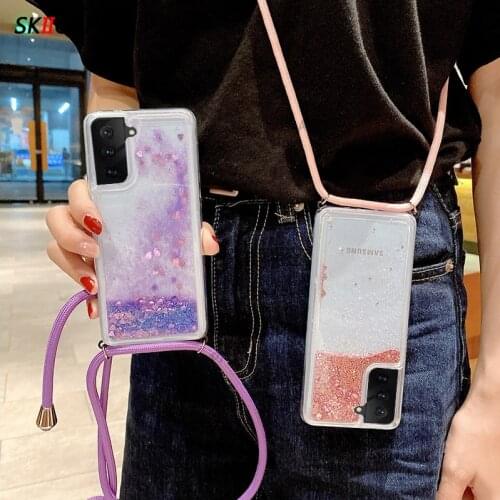 Lanyard Strap Bling Liquid Quicksand Phone Case For Samsung S21 S20 Plus Note 20 Ultra S10 Lite A81 A91 A21S A42 5G Clear Cover