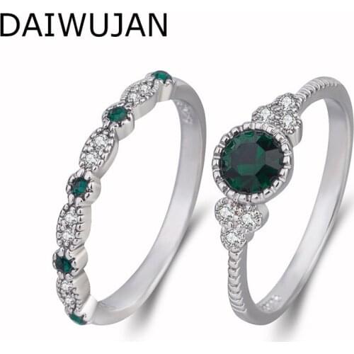 DAIWUJAN Luxury Emerald Blue Gemstones Double Rings for Women Girls Crystal Slim Ring Sets Engagement Wedding Silver 925 Jewelry
