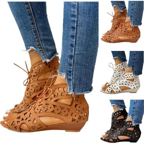 SAGACE Summer Womens Vintage Hollow Out Mid Heel Slip-on Sandals Ladies Casual Retro Wedges Sandals Zipper Hollow Out Shoes