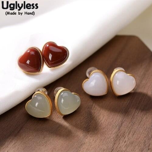 Uglyless Sweety Heart-shape Gemstones Earrings for Women Jade Agate Heart Studs Earrings 925 Silver Brincos LOVE Gifts for Girls