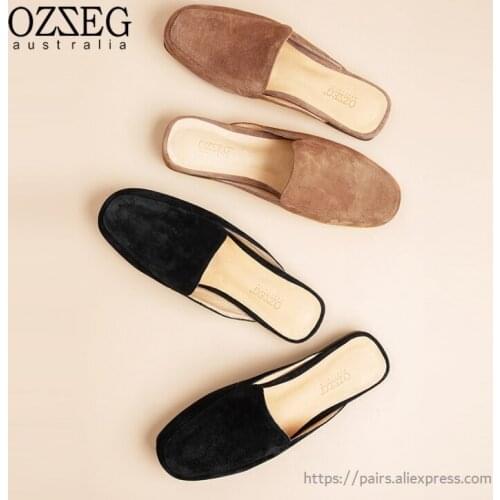 OZZEG Brand European Women Lazy Slippers Crystal Chains Mules Pantuflas Mujer 2019 Spring Flip Flops Leather Cozy Outing Slides