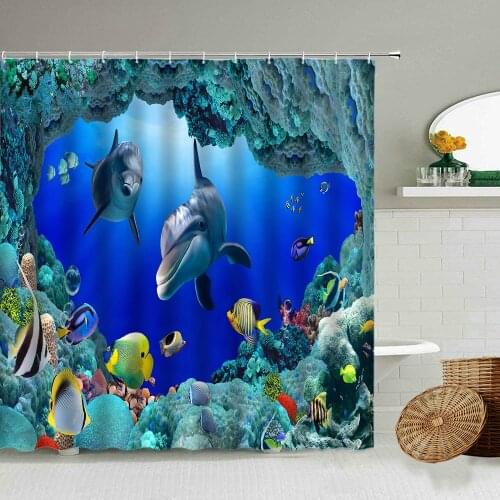 Blue Ocean Dolphin Shower Curtain Deep Sea World Cute Fish Waterproof Screen Photography Background Cloth Bathroom Decoration