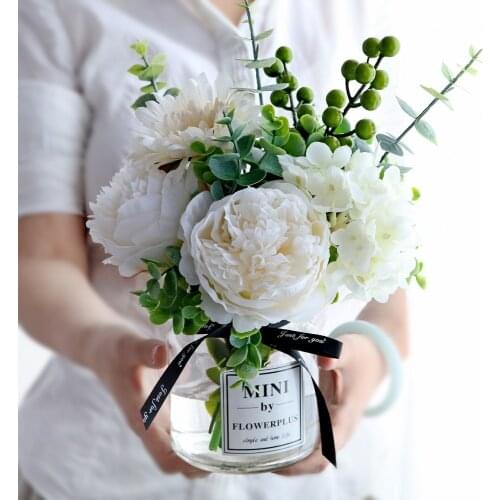 Modern Gass Vase+Artificial Flower Set Decor Home Furnishings Decoration Crafts Livingroom Silk Fake Flower Pot Ornamnets Decor