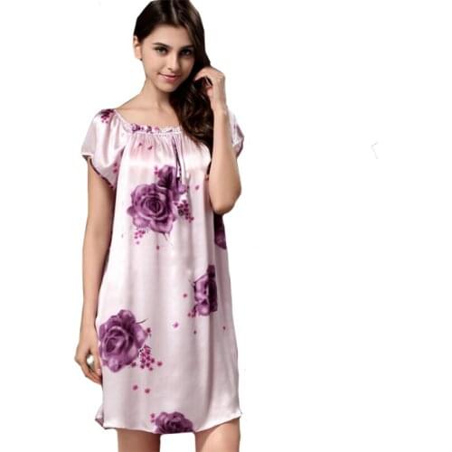 100% Satin Silk 2016 Spring Summer Ladies Women StriTpy Nightdress Short Sleeve Nightgowns Women Chemise De Nuit Sexy WD3390