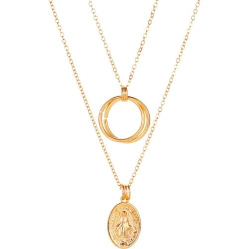 Golden White Light Chain Two Layer Geometric Alloy Circles Simple Jesus Portrait Pendant Necklace Jewelry For Women