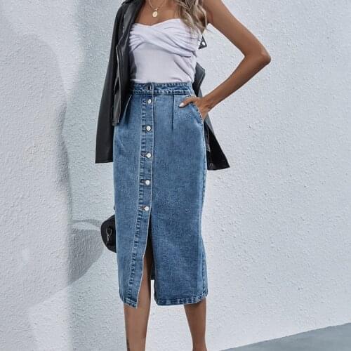 Women Streetwear Casual Pocket High Waist Straight Jean Skirts 2021 New Single Breasted Knee All-match Length Denim Skirt Female