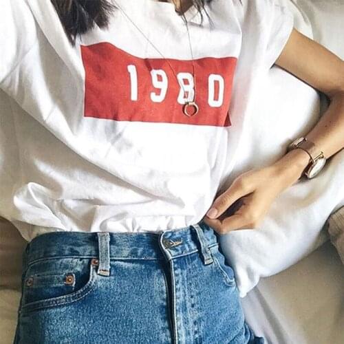 Knitted T Shirts Women 1980 Tee Solid Ladies White Casual Top Female Summer T-shirt Autumn Print Letter T-shirt