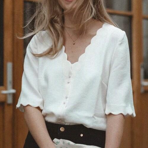 Antika White Blouse Women Summer Short Sleeve V neck Button Up Ruffles Chic Shirts Elegant Vintage Tunic Tops 2021