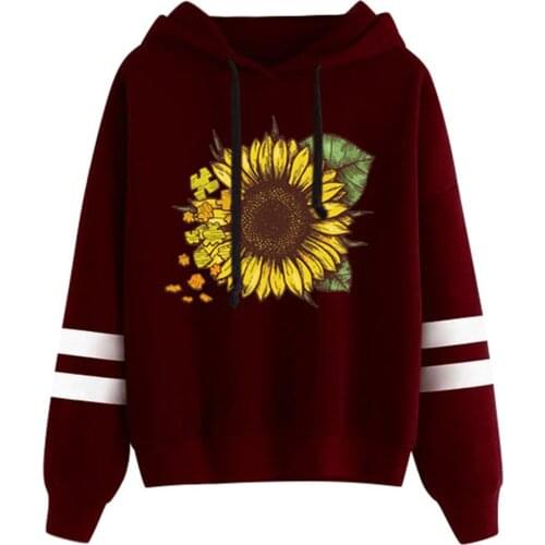 Hoodies Kawaii Women Summer Casual Sunflower Print Hooded Long Sleeve Drawstring Top T-shirt Sweatshirt Women Clothes Tops