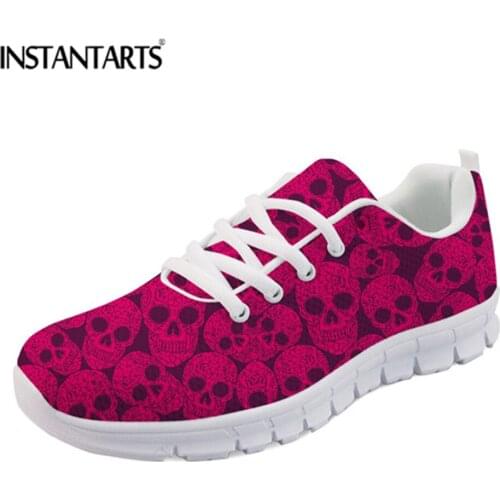 INSTANTARTS 3D Skull Prints Flats Women Sneakers Casual Shoes Comfortable Breathable LightWeight Air Mesh Shoes Walking Zapatos