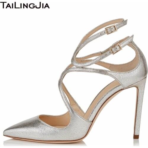 Pointed Toe Woman Shoes Cross Tie Shiny Silvery High Heel Women Summer Spring Shoes Handmade High Quality Party Wedding Pumps