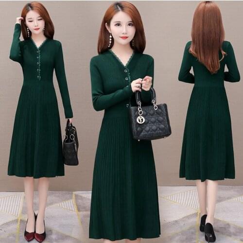 Women Knitted Dresses Solid Female Long Sleeve Sweater Dress 2020 Autumn Winter V-neck Button Elegant Party Dresses Vestidos 309