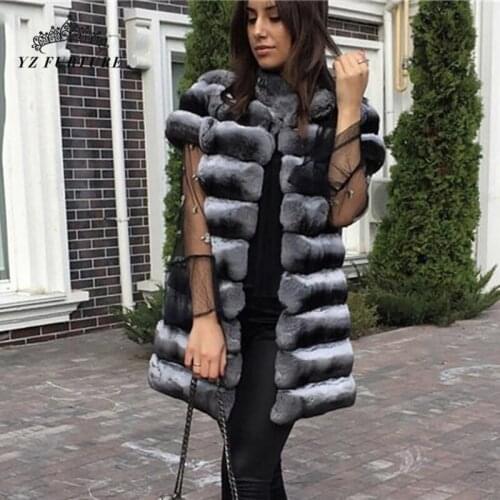 Chinchilla Vest Women Winter Thick Warm Gilet Lady Real Rex Rabbit Fur Vests 75cm Striped Fur Coat Short Sleeves Fashion Outwear