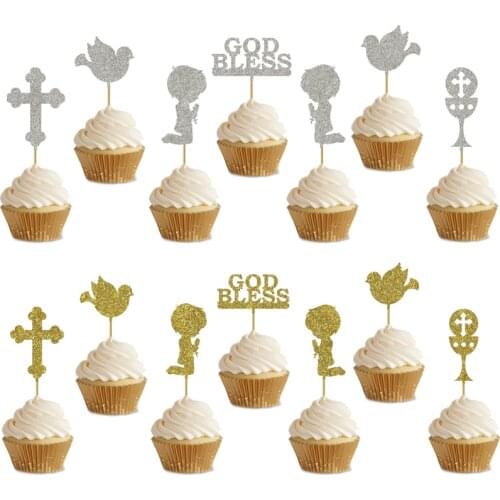 2 set Primera Comunión Cute Cupcake Topper Boys Girls Prayer God Bless For Kids First Holy Communion Party Cup Cake Decoration