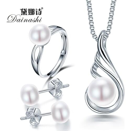 2019 Dainashi new classic women bridal jewelry sets with 925 sterling silver natural freshwater pearl pendant ring earrings