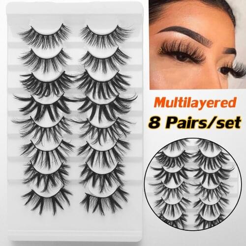 8 Pairs False Lash Natural Wispies Fluffy Eyelashes 3D Mink Multilayered Effect False Eyelashes Extension Eye Makeup Tool