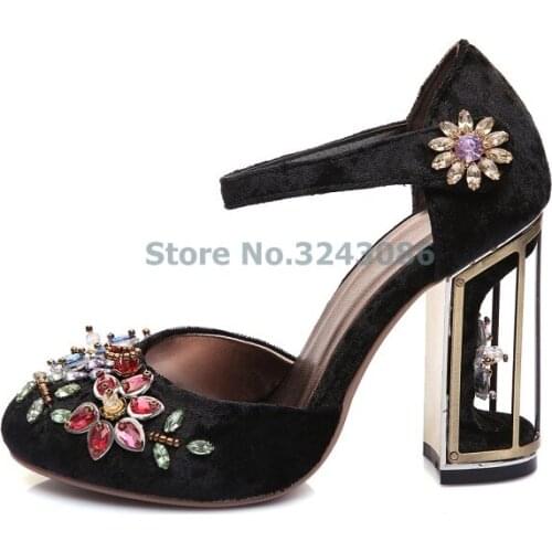 ALMUDENA New Marry Janes Shoes Round Toe Flock Square High Heel Pumps Red Blue Black Velvet Crystal Flower Women Party Shoes