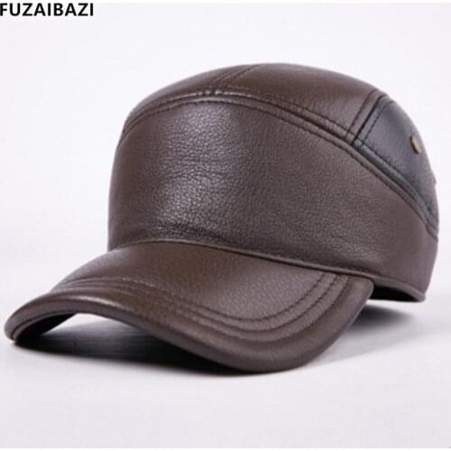 FUZAIBAZI Fashion Adjustable Genuine Leather Men First Layer Cowhide Baseball Caps Autumn Winter Warm Earmuffs Mans Cap Gorras