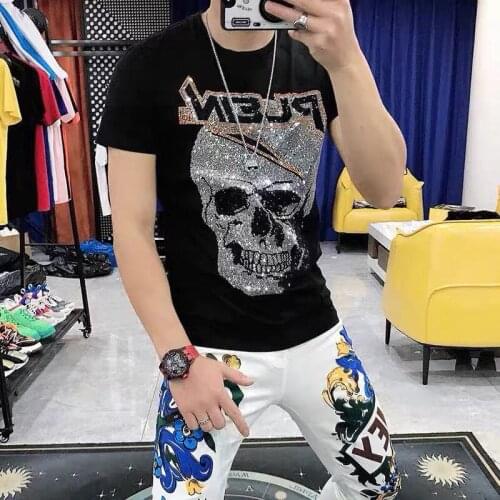 Mens Summer Original Clothing Luxury Personality Brand 100% Cotton Luxury Round Neck Super Shiny Skull Hot Diamond T-Shirt