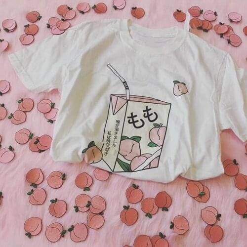 Peach Juice Japanses Aesthetic Grunge T-Shirt Women Girls 90s Kawaii White Tee Summer Casual Tumblr Outfit Fashion Top