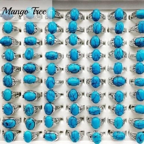 Wholesale 20Pcs/Lot Pine Stone Rings Vintage Silvery Blue Metal Natural Band Mix Style Women and Man Party Charm Jewelry Gift