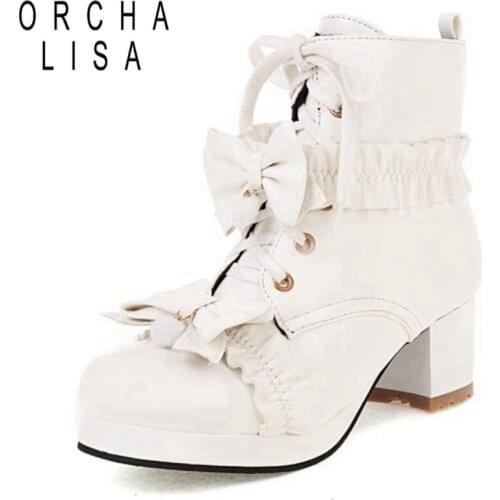 ORCHALISA Lolita Autumn Winter Ankle Short Boots Round toe Chunky Heels Zip Lace Up Bow Ladylike Small Size 30-43 Cosplay S2475
