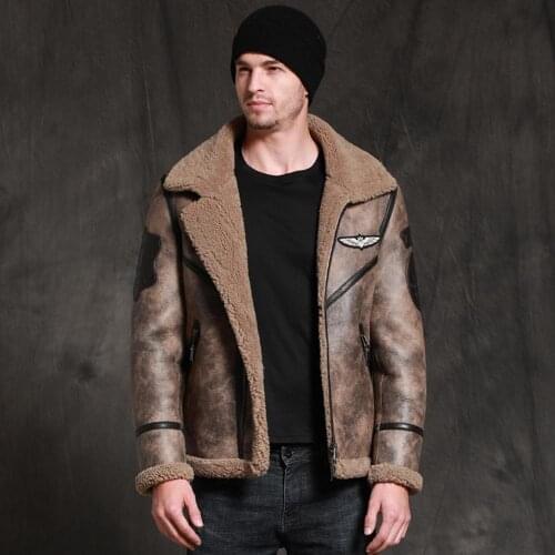 Mens Brown B3 Shearling Jacket Sheepskin Coat Short Leather Jacket 2019 New Fur Coat Fashion Mens Winter Coats