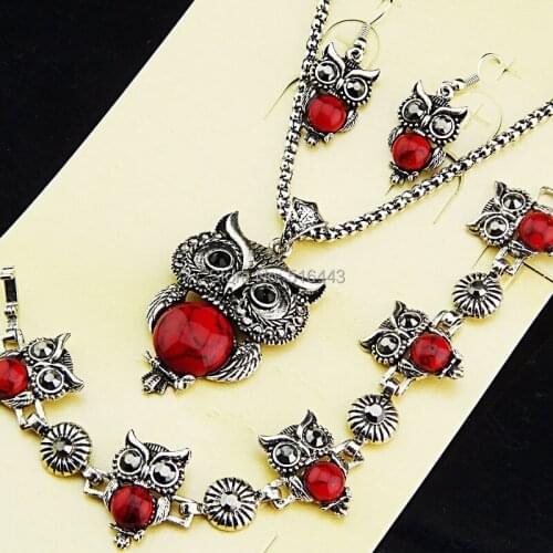 2015 New Arrival Jewelry Set 3pcs Vintage Antique Silver Rhinestones Owl Natural Red Turquoise Necklace Earrings Bracelet1092