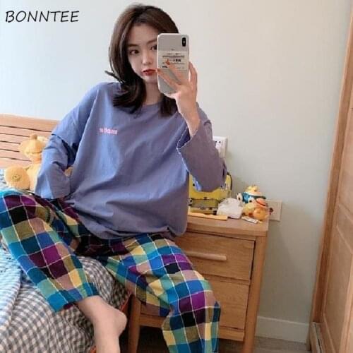Pajama Sets Women Chic Plaid Simple Casual Soft Long Sleeve Spring Fall Lady Sleepwear Daily Ulzzang Popular Female Homewear Pjs