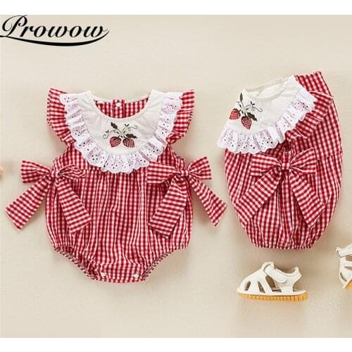 Prowow Plaid Baby Girls Bobysuits Bowknot Newborns Jumpsuits For Kids Clothing Summer Baby Clothes Lace Toddlers Rompers Sweet