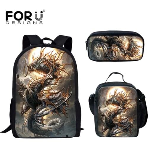 FORUDESIGNS Cool Dragon Pattern Print Backpack Fashion Schoolbags Set for Teen Boys Large Bookbags with Zipper Satchel Cartable