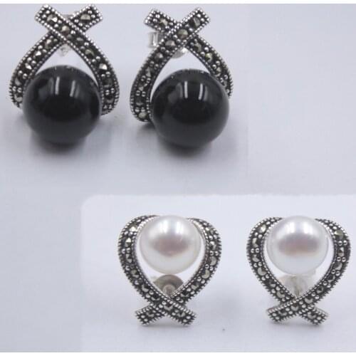 Pure 925 Sterling Silver Stud Earrings For Women with Onyx and Mother of Pearl