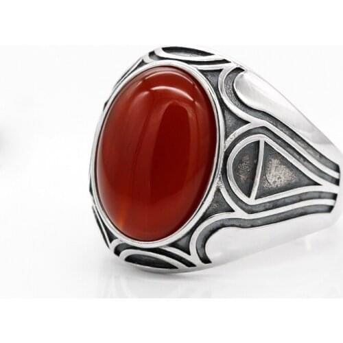Turkish Mens Ring with Red Agate Stone 925 Sterling Silver Natural Gemstone Vintage Thai Silver Jewelry to Male Women Gift
