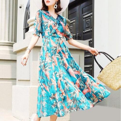 Women Summer Real Silk Clothes Vintage Maxi Dresses Ladies Floral Party Dress Vestidos De Verano 9182 YY2883