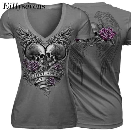 Halloween Women T-shirts Rose Skull Head Printed Short Sleeve Shirt V-neck Gothic Tops Tee Ladies Female Tshirt Summer Hot Sale
