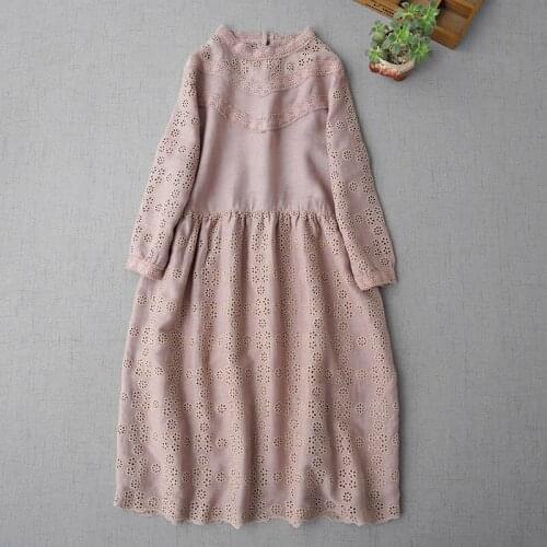 Blossom hollow out embroidery linen nine sleeve dress spring and autumn forest womens beautiful stand collar Dress 0904-04