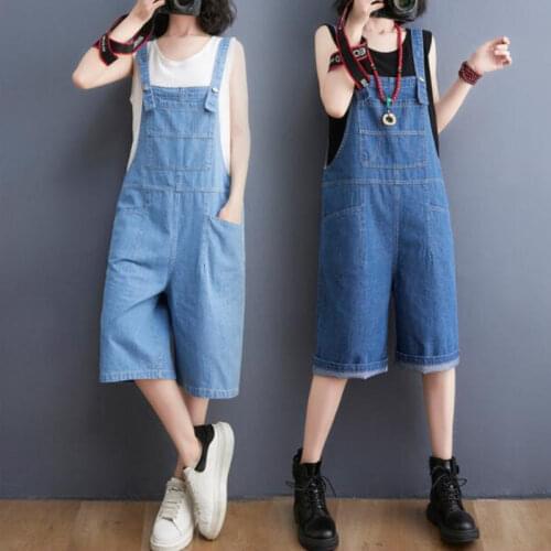 #2385 Summer Short Jumpsuits Women Sleeveless Wide Leg Playsuits Loose Jeans Overalls Ladies Wide Leg Playsuits Denim Cotton